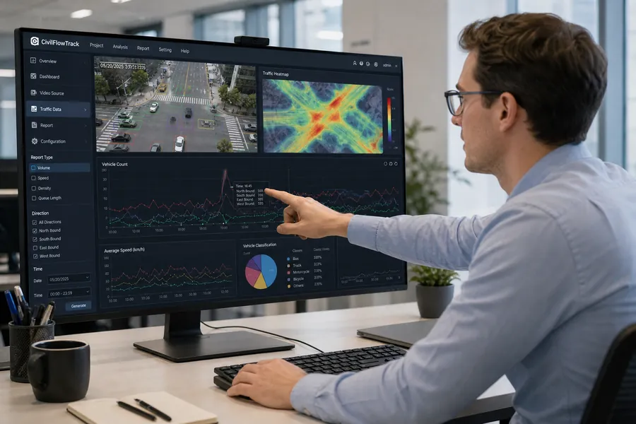 Ingeniero analizando datos de tránsito en el dashboard de CivilFlowTrack