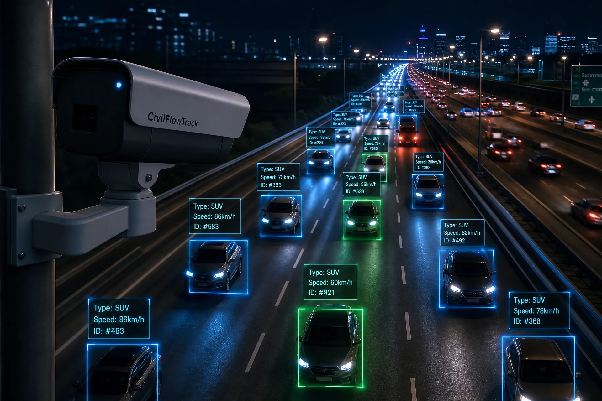 Detección vehicular con IA en autopista nocturna
